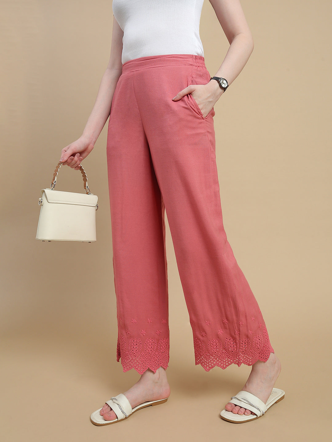 De Moza Women Woven Viscose Flex Regular Fit Schiffly Narrow Palazzo Pant with Functional Pockets Peach - De Moza