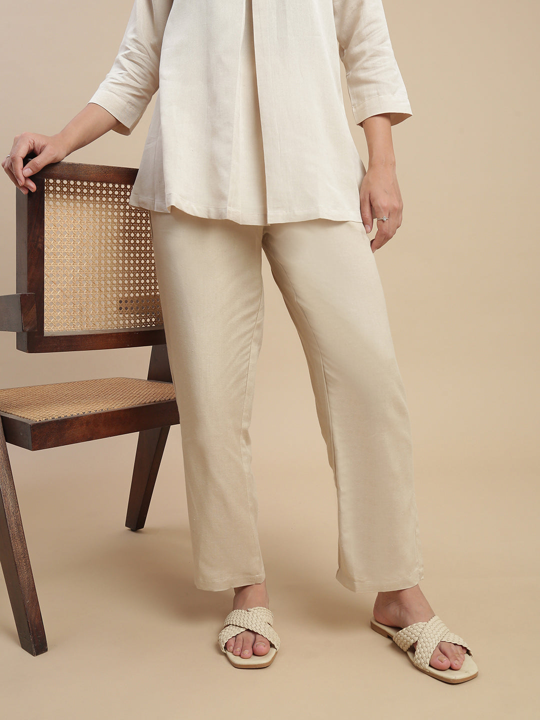 De Moza Women's Officewear Co-ords (Straight Pant & Tunic Top) Light Beige - De Moza