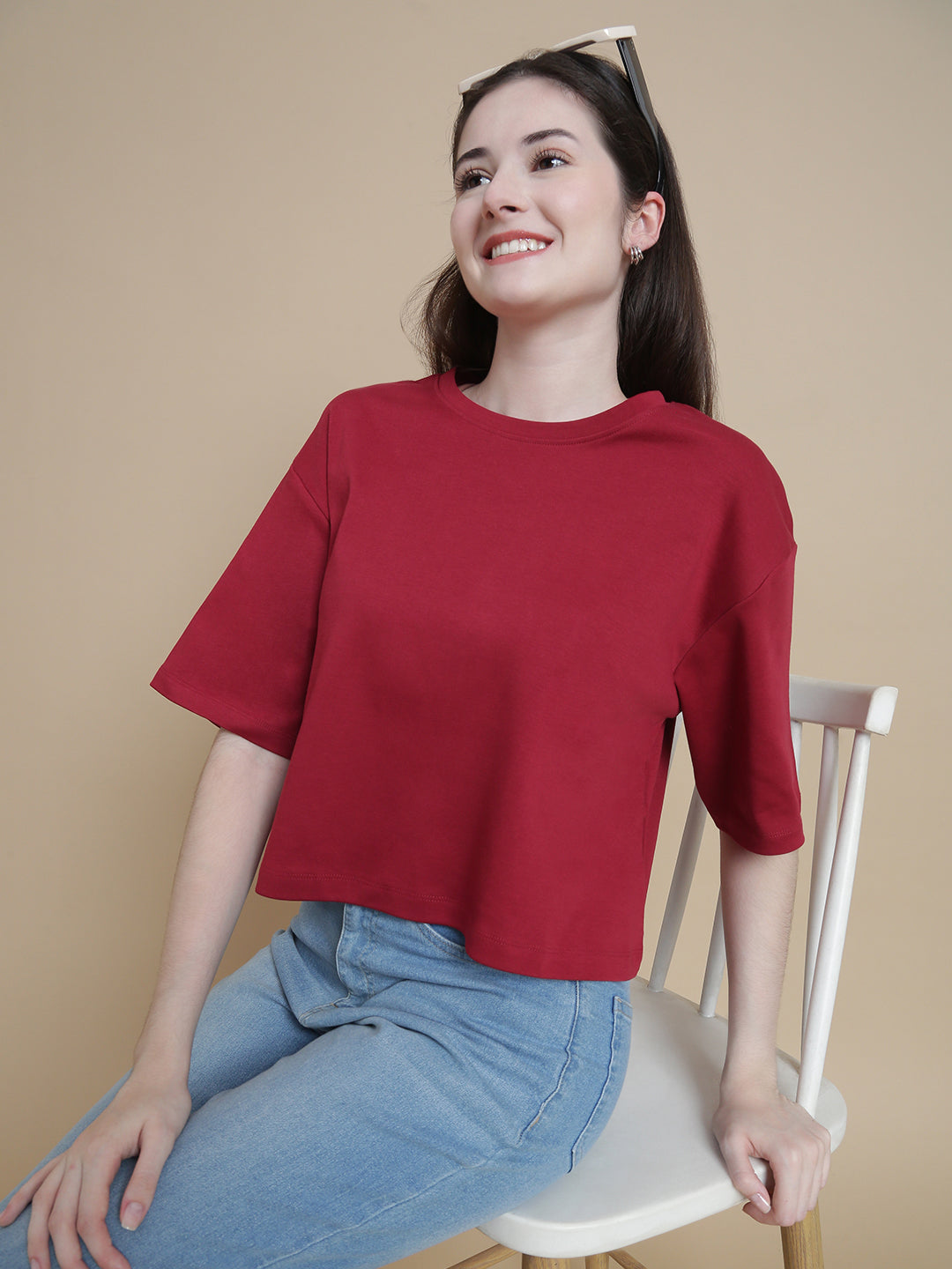 De Moza Women Knitted Cotton Crop Boxy Fit T-shirt Burgandy - De Moza