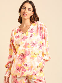 Co-Ord Set Floral Print (Casual Top & Palazzo)-Pink - De Moza