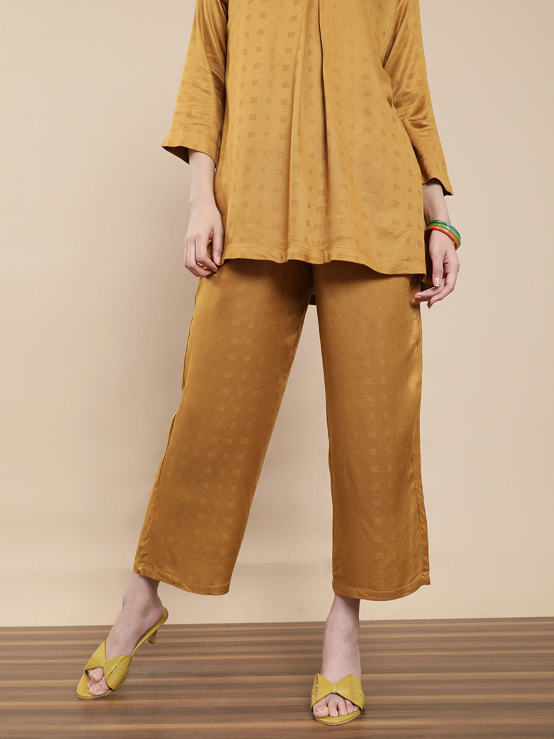 De Moza Women Co-ords with Pack of Top & Palazzo Dark Mustard