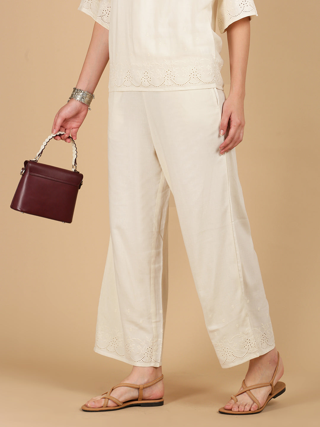 De Moza Women Woven Rayon Regular Fit Palazzo with Functional Pockets Natural