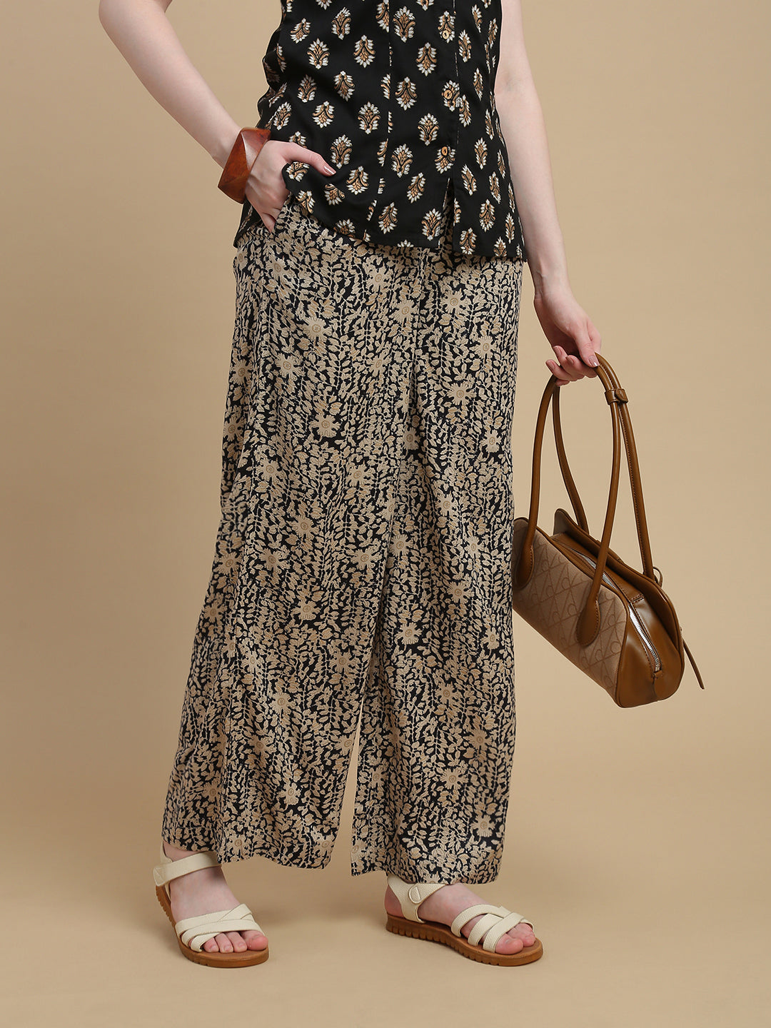 De Moza Women Woven Rayon Regular Fit Printed Straight Palazzo Pant with Functional Pockets Black - De Moza