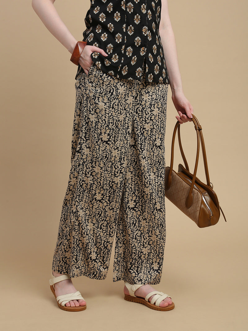 De Moza Women Woven Rayon Regular Fit Printed Straight Palazzo Pant with Functional Pockets Black - De Moza