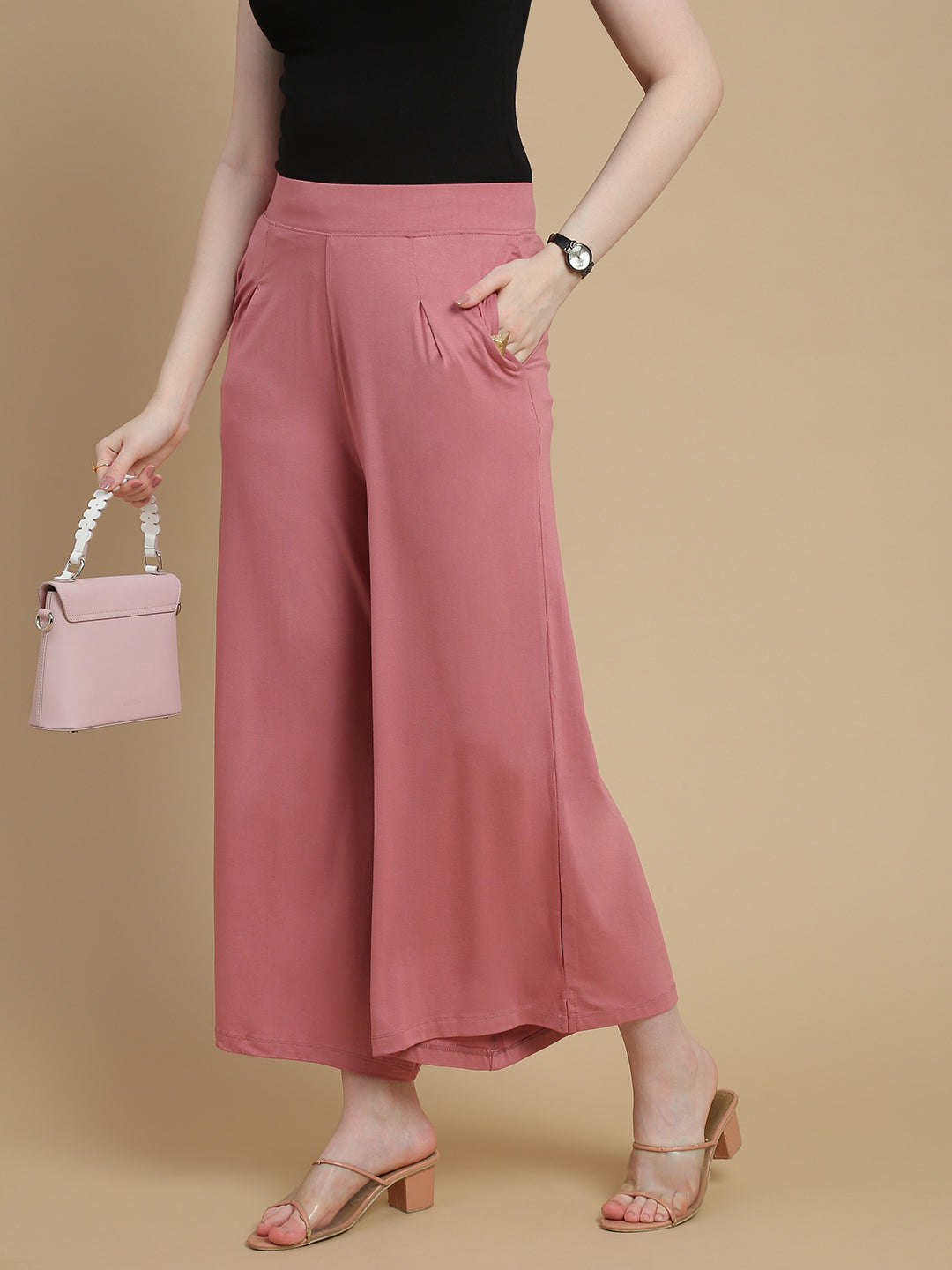 De Moza Women Knitted Viscose Stretch Large Pleated Palazzo Pant with Functional Pockets Dusty Pink - De Moza