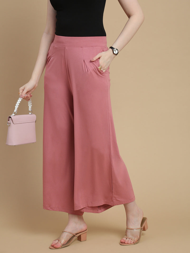 De Moza Women Knitted Viscose Stretch Large Pleated Palazzo Pant with Functional Pockets Dusty Pink - De Moza
