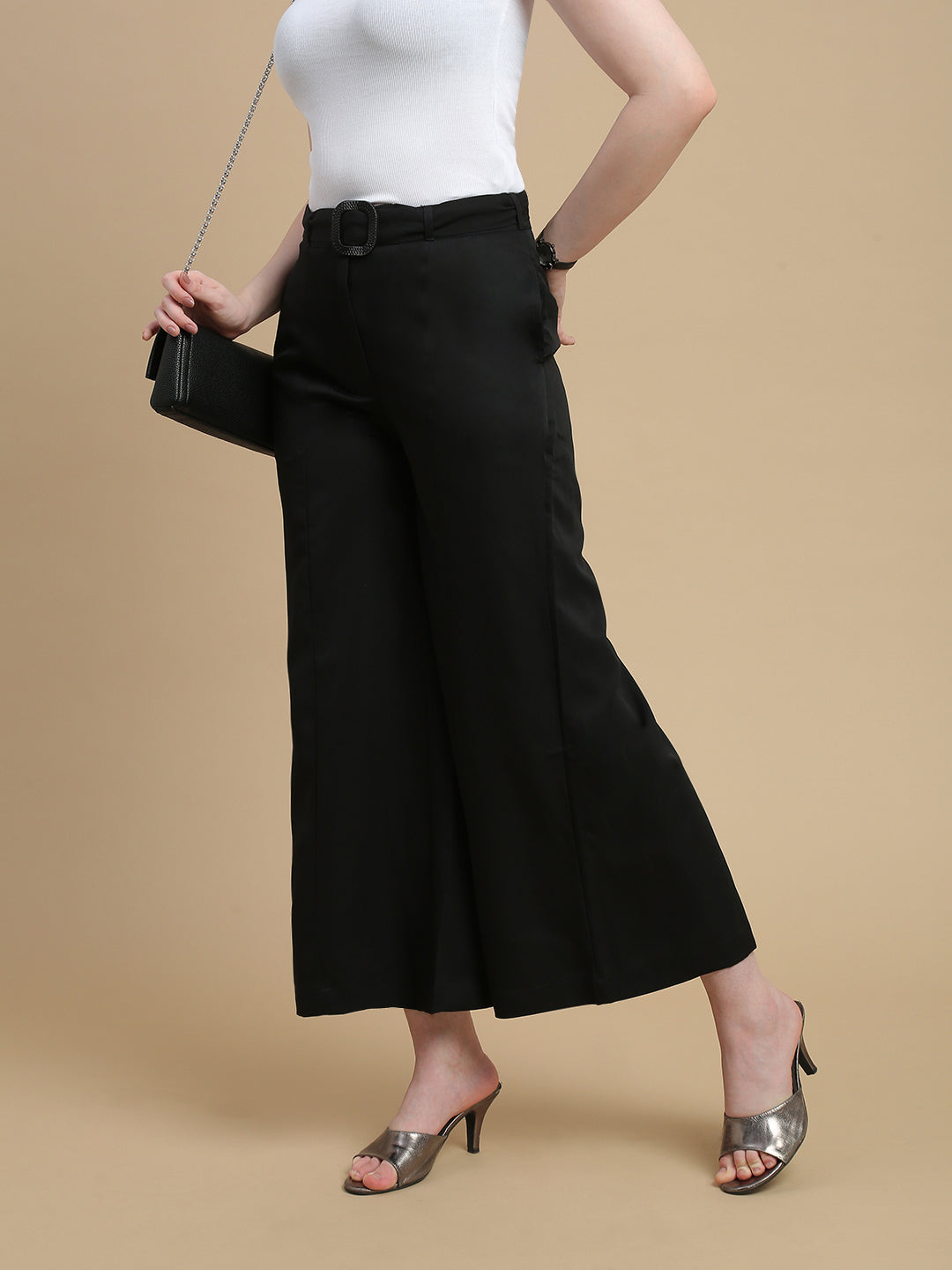 De Moza Women Woven Polyester Regular Fit Work Wear Casual Pant with Functional Pockets Black - De Moza