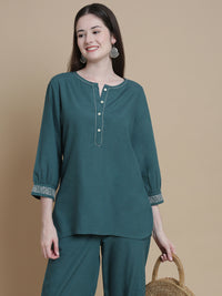 De Moza Women Woven Rayon Kurti Teal - De Moza