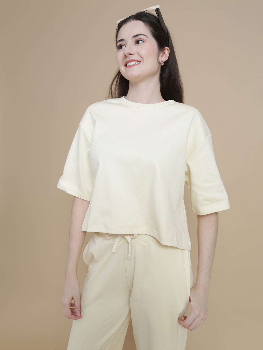 De Moza Women Knitted Cotton Crop Boxy Fit T-shirt Ecru - De Moza