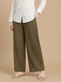 De Moza Women Viscose  Palazzo Pant with Functional Pockets Olive Green - De Moza