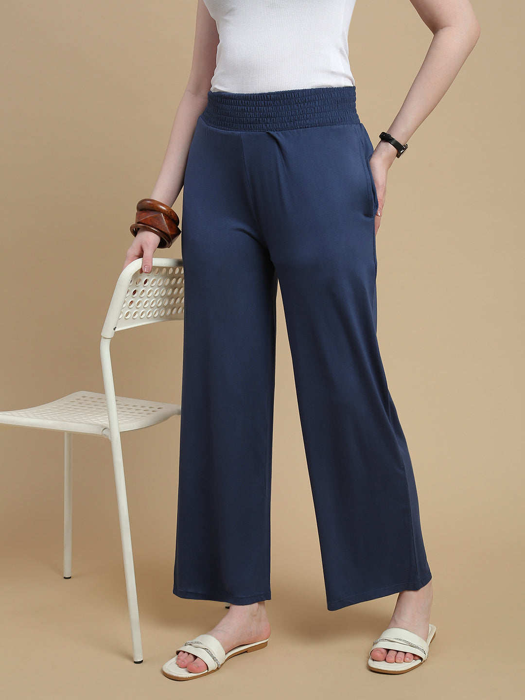 De Moza Women Knitted Viscose Stretch Regular Fit Flared Pant with Functional Pockets Navy Blue - De Moza