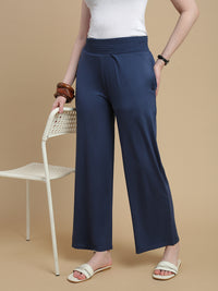De Moza Women Knitted Viscose Stretch Regular Fit Flared Pant with Functional Pockets Navy Blue - De Moza
