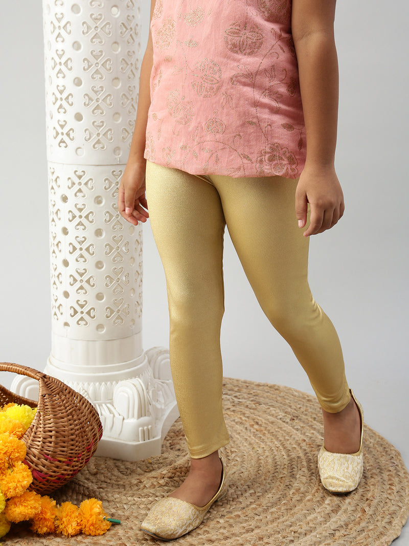 De Moza Girls Ankle Length Leggings Solid Gold