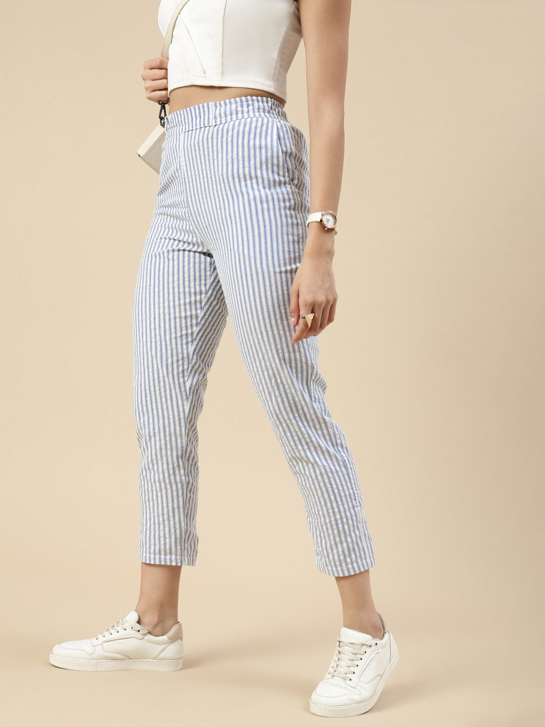 Stripped Cigarette Pants-Blue