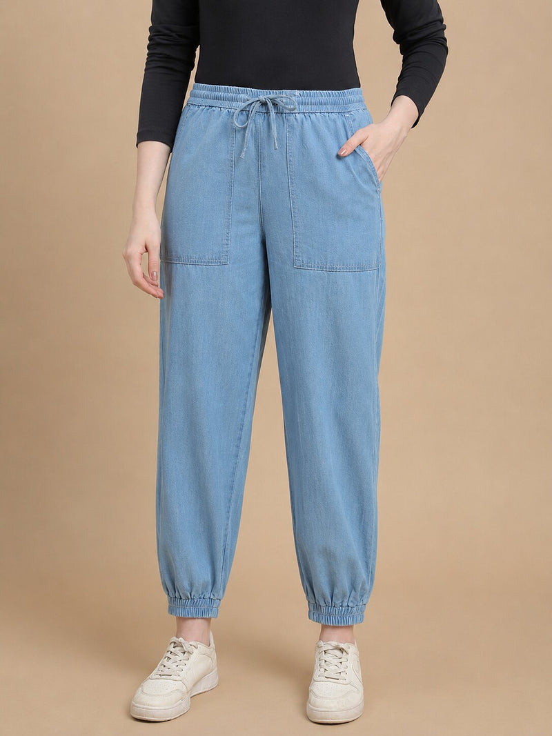De Moza Women Woven Cotton Regular Fit Denim Jogger with Functional Pockets Light Blue - De Moza
