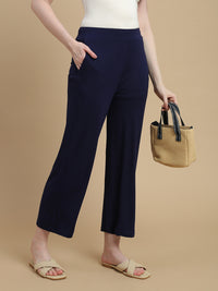 De Moza Women Knitted Viscose Stretch Slim Fit Palazzo Pant with Functional Pocket Dark Navy - De Moza