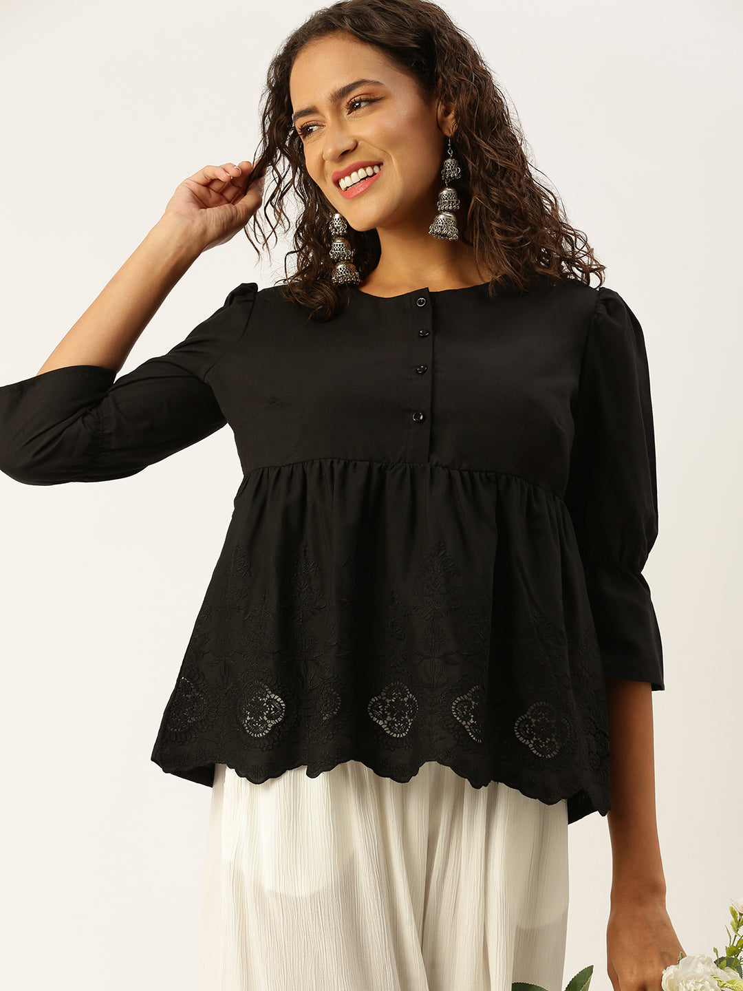 De Moza Women  Top  Embroidery Cotton Black - De Moza