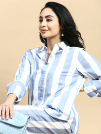 Co-Ord Set Striped (Shirt & Wide Leg Pant)-Blue - De Moza