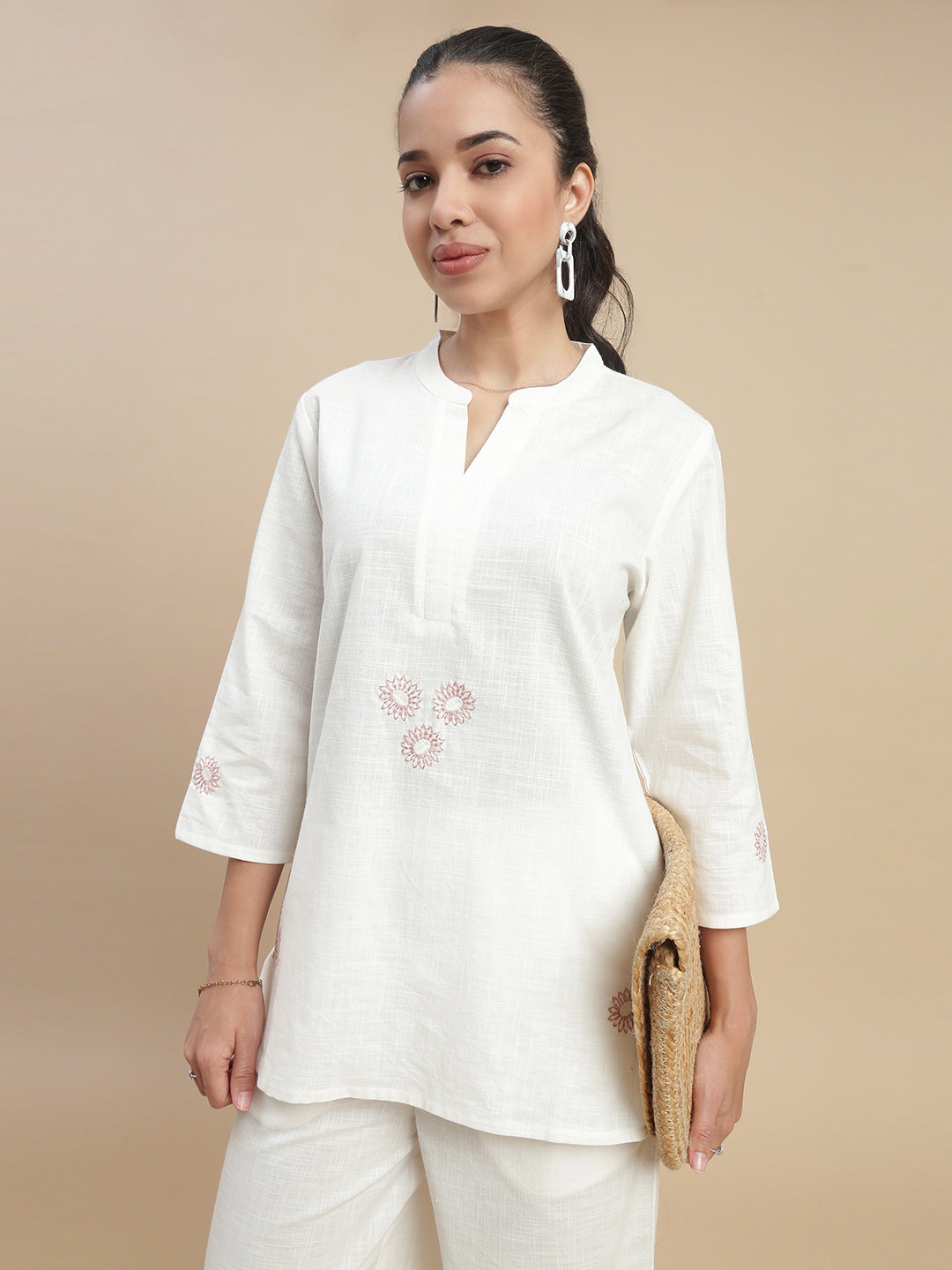 De Moza Women's Officewear Co-ords (Short Kurta & Straight Pant) Offwhite - De Moza