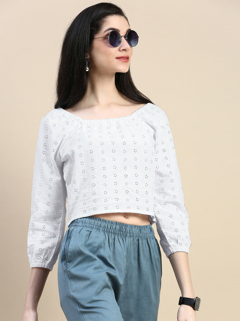 Crop Top Schiffli-White - De Moza