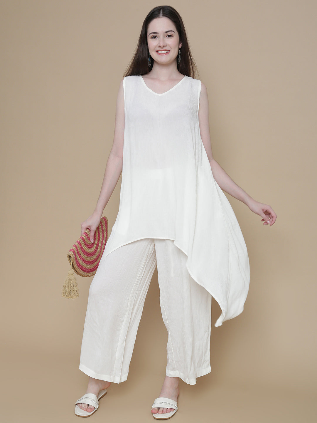 De Moza Women Woven Rayon Straight Palazzo with Functional Pockets Offwhite - De Moza