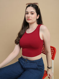 De Moza Women Knitted Cotton Rib Fitted Sleeveless Top with Round Neck Burgundy - De Moza