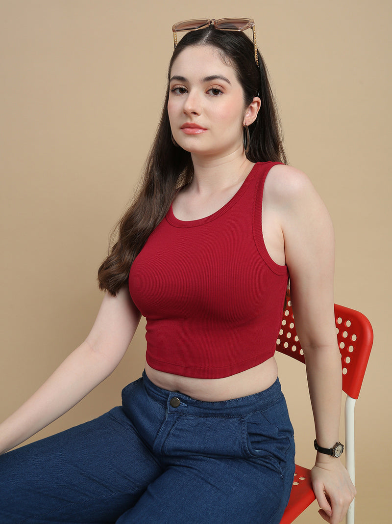 De Moza Women Knitted Cotton Rib Fitted Sleeveless Top with Round Neck Burgundy - De Moza