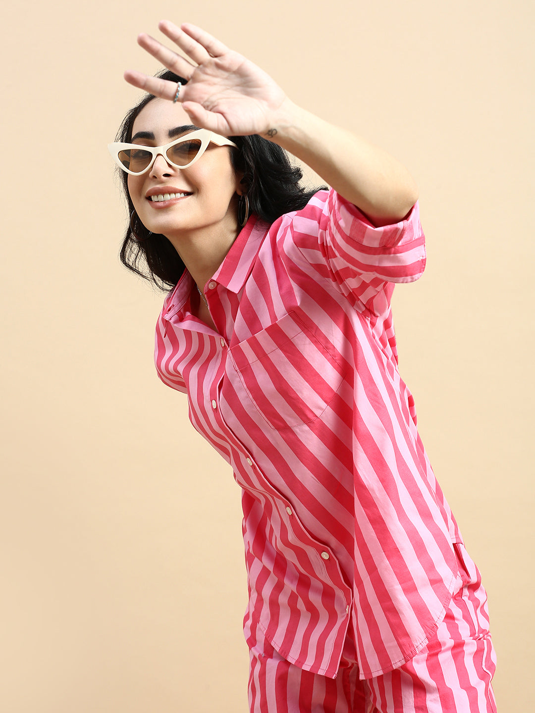 Co-Ord Set Striped (Shirt & Wide Leg Pant)-Pink - De Moza