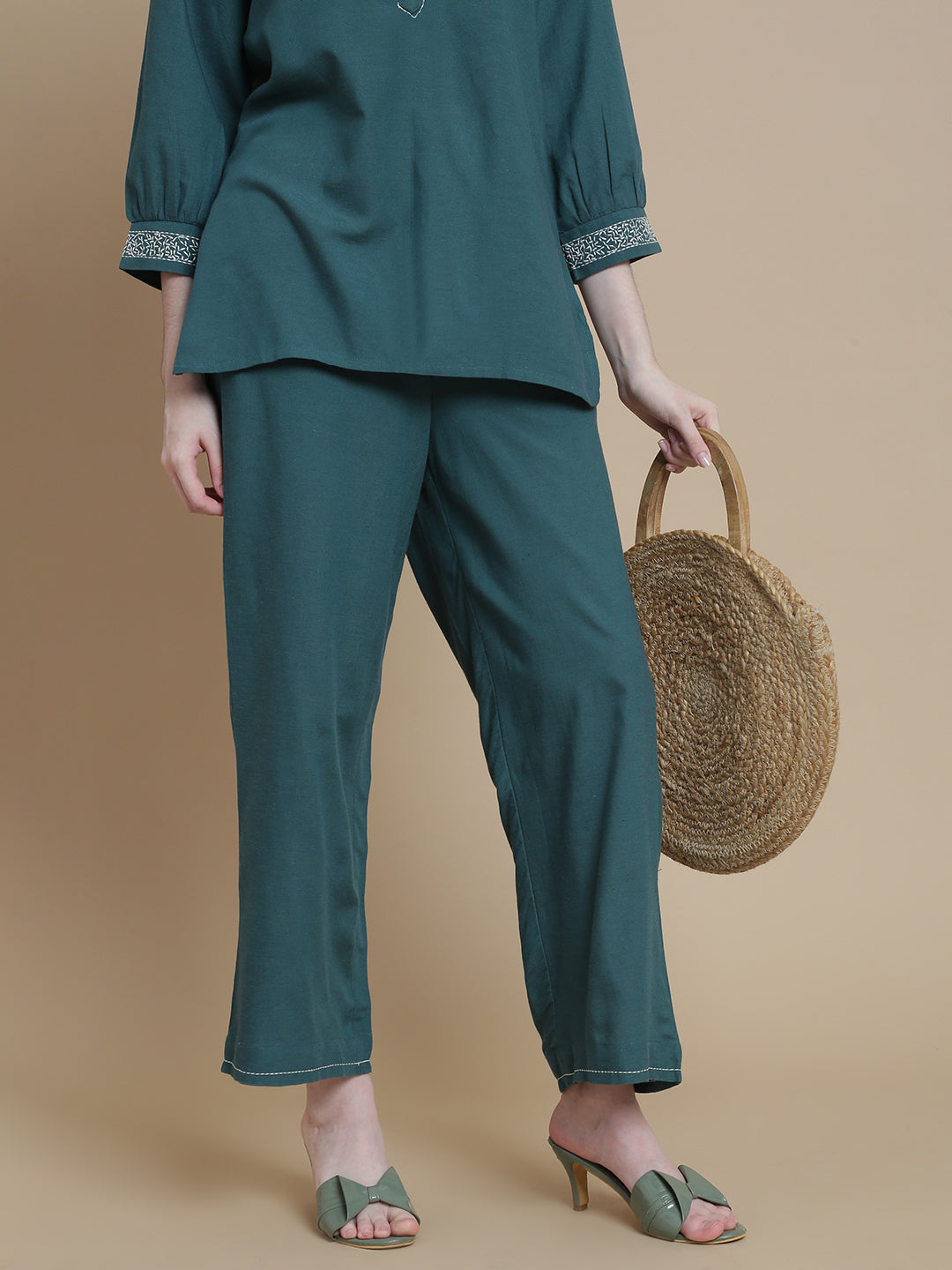 De Moza Women Woven Rayon Narrow Palazzo with Functional Pockets Teal - De Moza