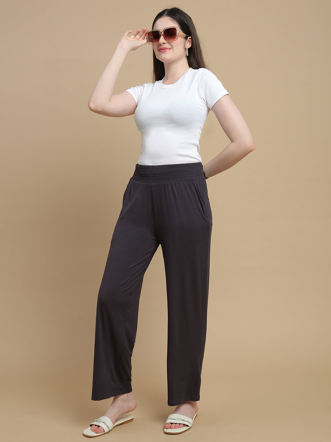 De Moza Women Knitted Viscose Stretch Regular Fit Flared Pant with Functional Pockets Dark Grey - De Moza