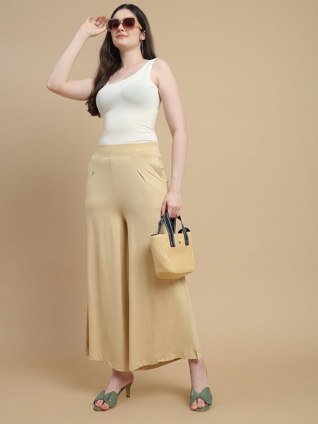 De Moza Women Knitted Viscose Stretch Large Pleated Palazzo Pant with Functional Pockets Light Beige - De Moza