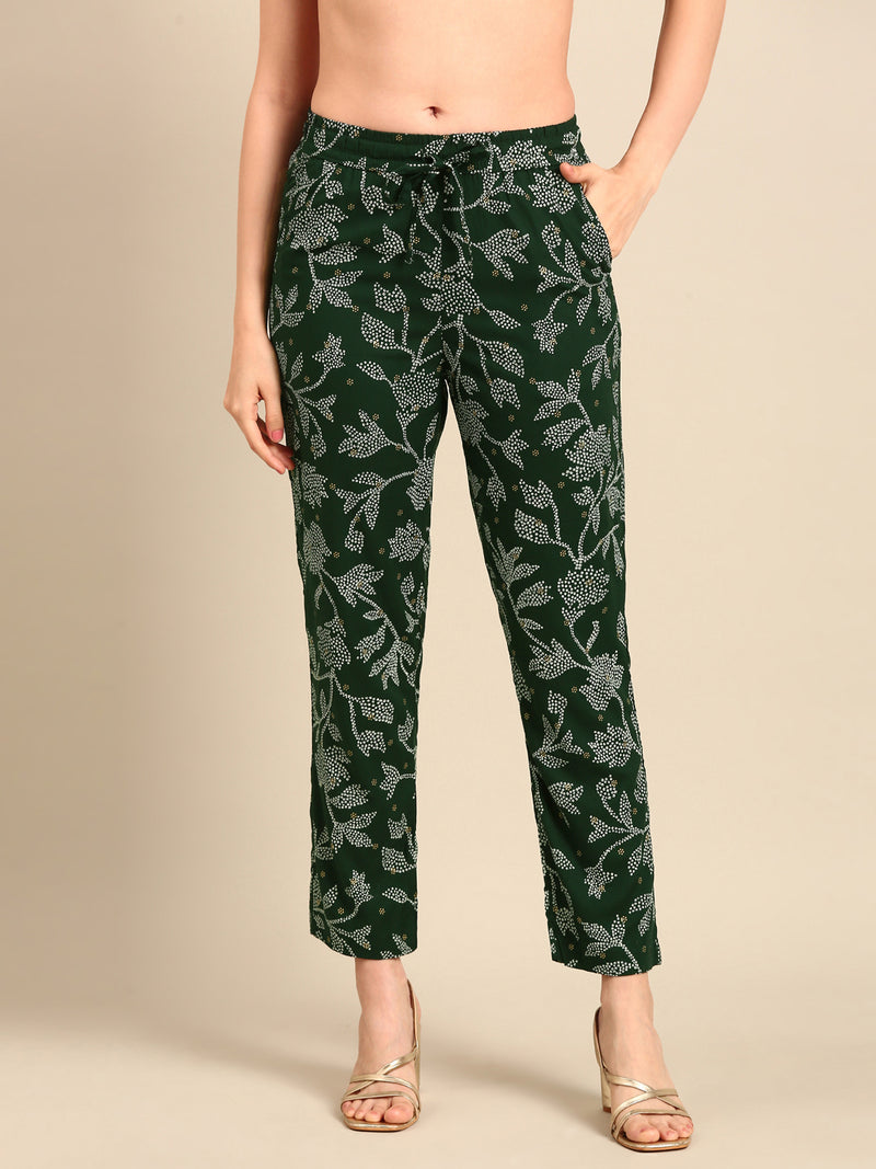 Women Printed Straight Pants Bottle Green - De Moza