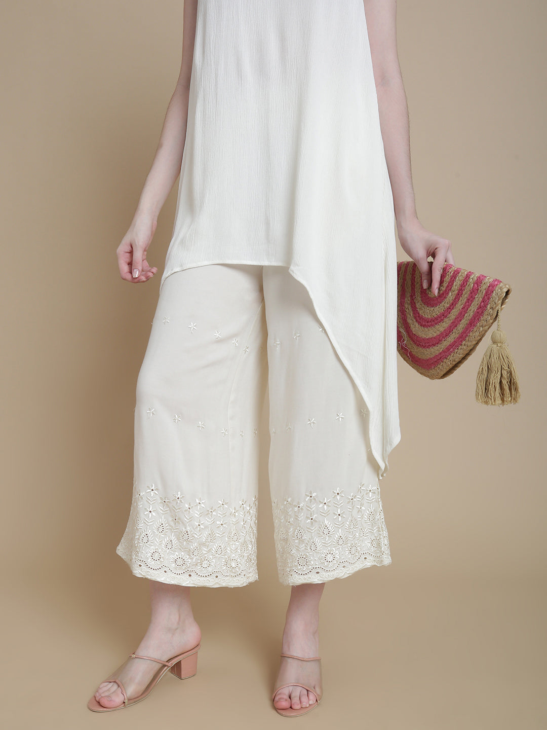 De Moza Women Woven Viscose Narrow Palazzo Schiffly with Functional Pockets White - De Moza