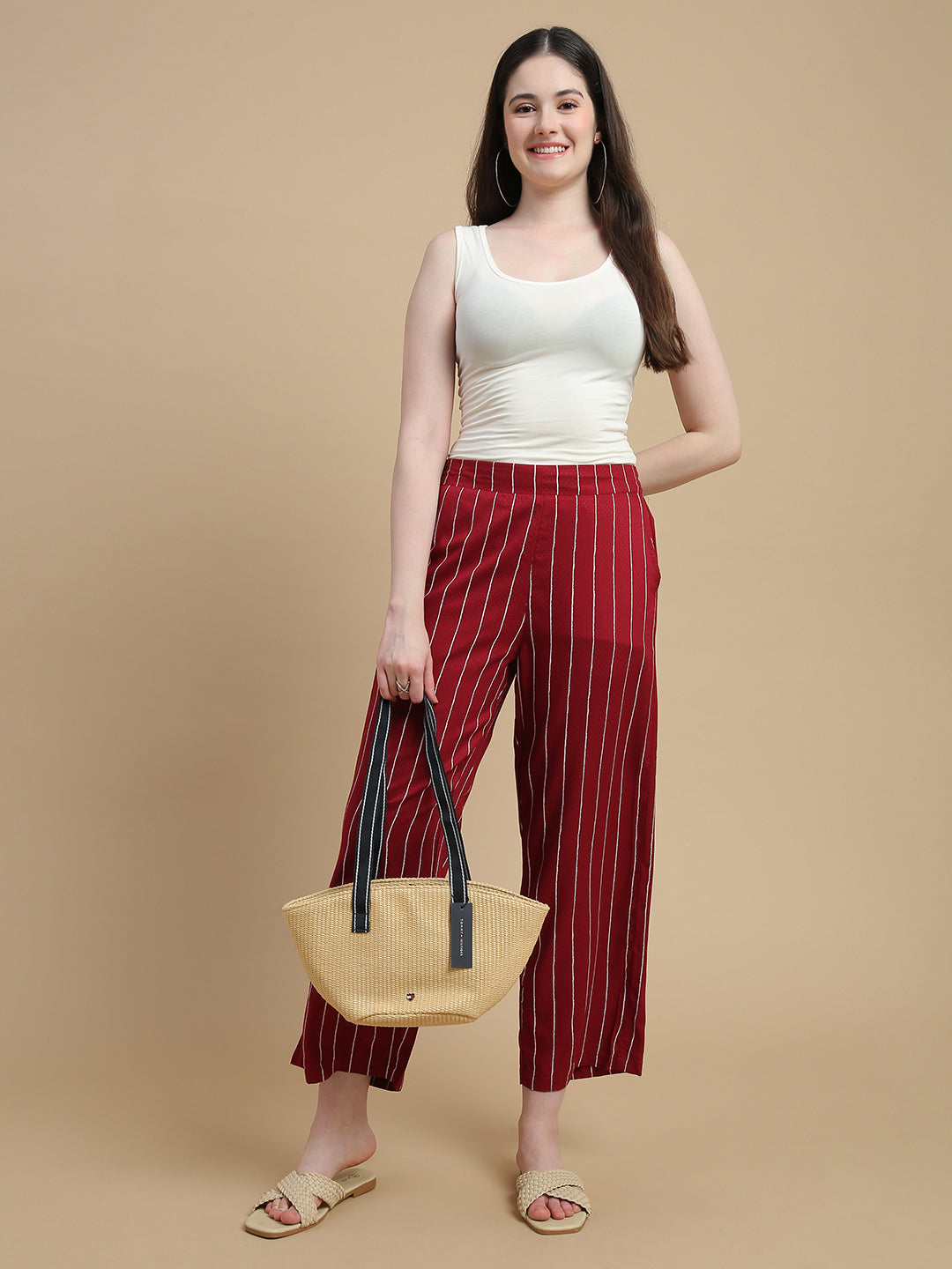 De Moza Women Woven Rayon Dobby Loose Fit Printed Straight Palazzo Pant with Functional Pockets Burgundy - De Moza