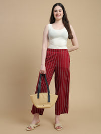 De Moza Women Woven Rayon Dobby Loose Fit Printed Straight Palazzo Pant with Functional Pockets Burgundy - De Moza