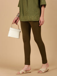 De Moza Women Knitted Cotton Stretch Skinny Fit Kurti Pant with Drawstring and Pocket Olive Green - De Moza