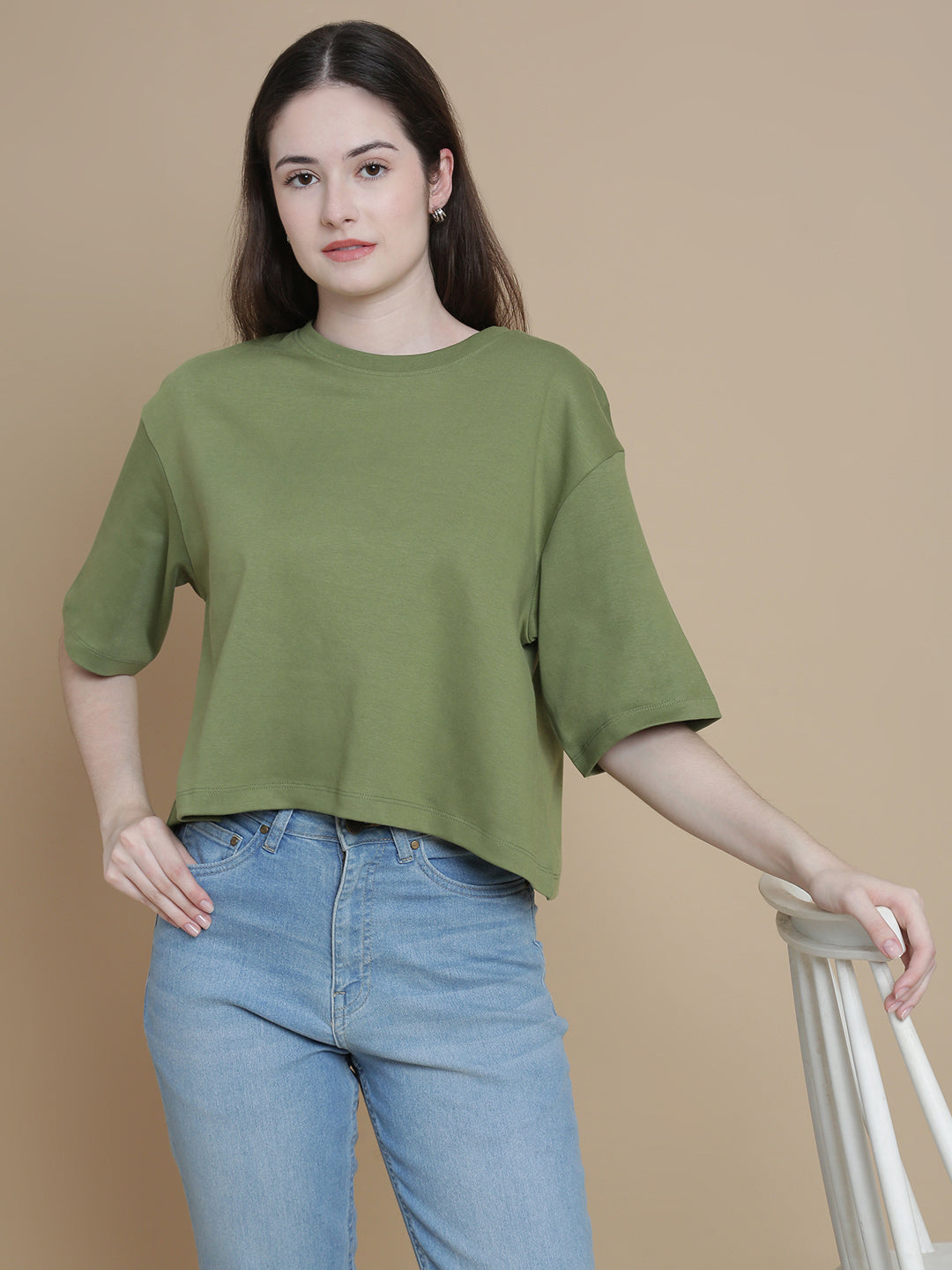 De Moza Women Knitted Cotton Crop Boxy Fit T-shirt Deep Green - De Moza