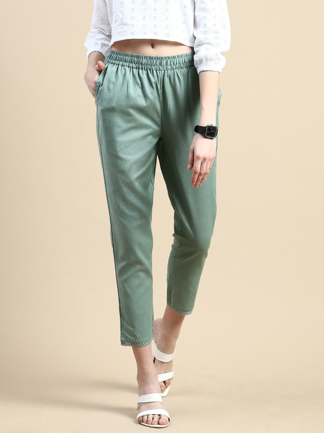 Cascade Green High-Waisted Tapered Cigarette Trousers for Women -674 –  Glossia Fashion