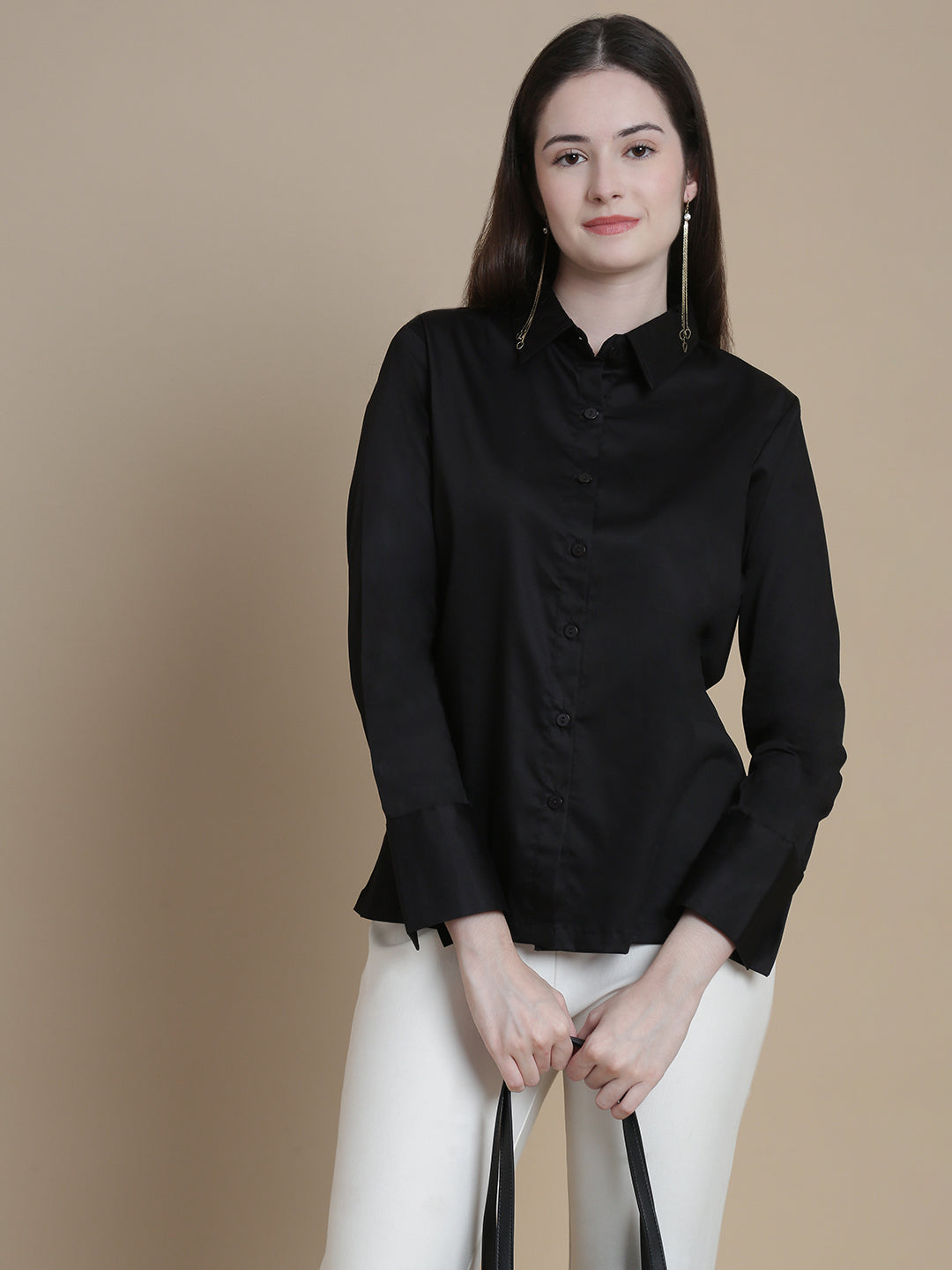 De Moza Women Woven Formal Viscose Satin Shirt Black - De Moza
