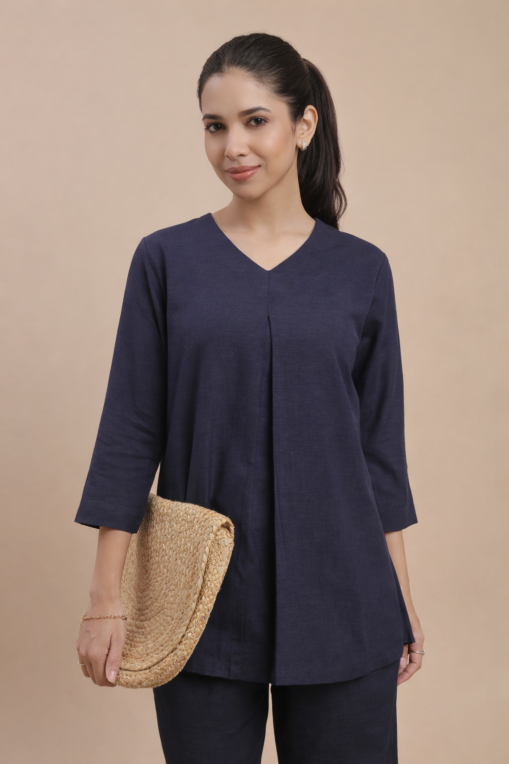 De Moza Women's Officewear Co-ords (Straight Pant & Tunic Top) Navy Blue - De Moza