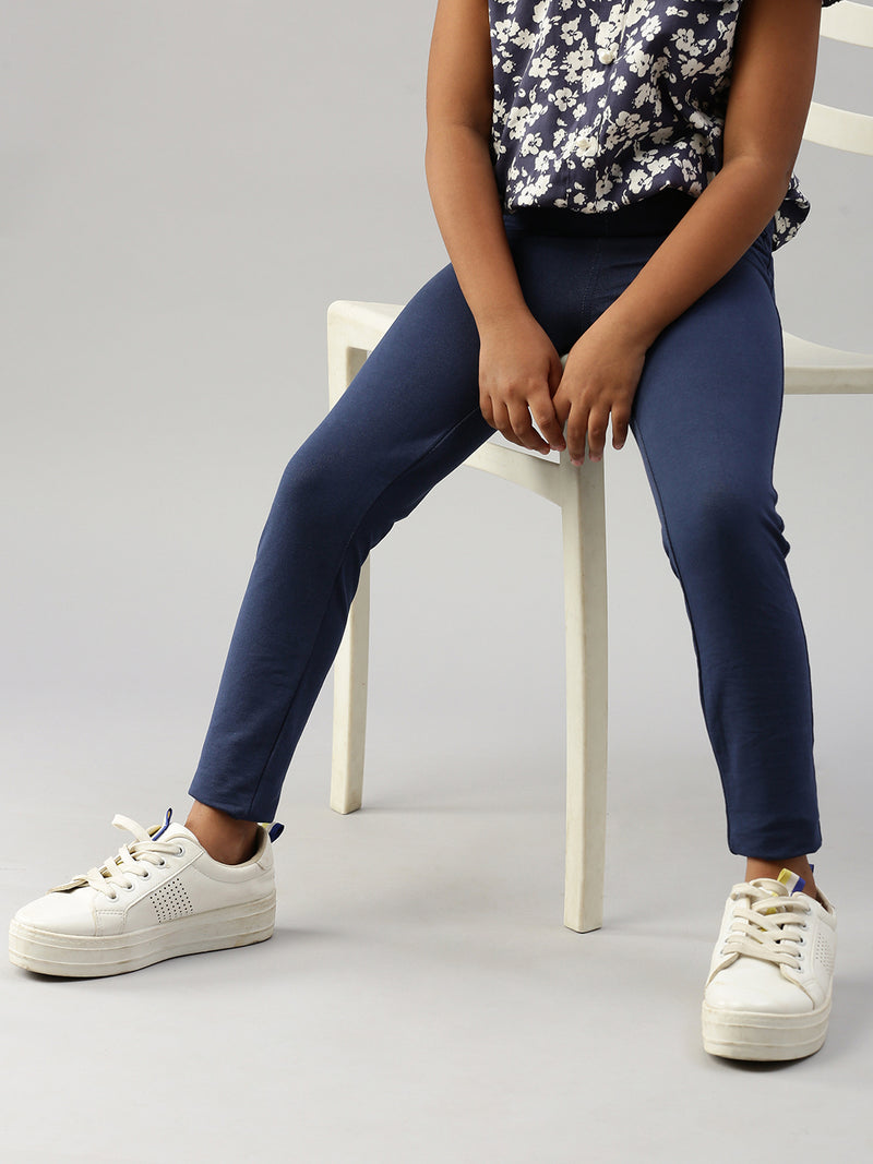 De Moza Girls Solid Jegging Navy Blue