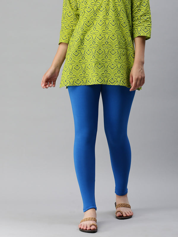 De Moza Ladies Ankle Length Leggings Solid Cotton Light Cobalt