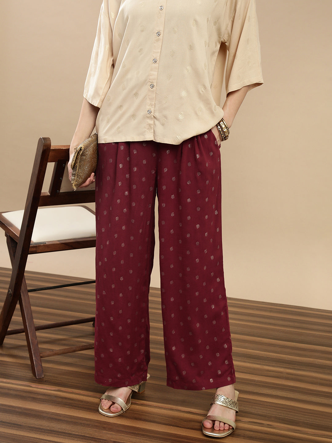 De Moza Women Festive Palazzo Maroon - De Moza
