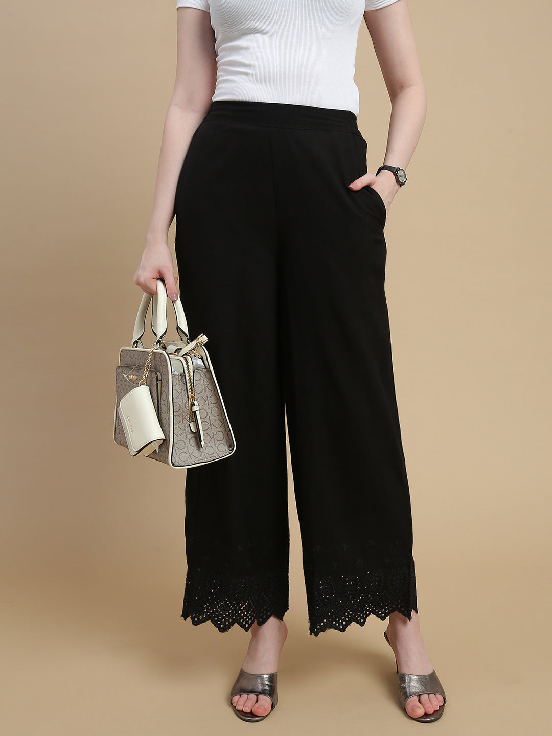 De Moza Women Woven Viscose Flex Regular Fit Schiffly Narrow Palazzo Pant with Functional Pockets Black - De Moza