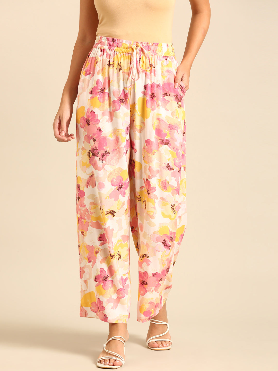 Co-Ord Set Floral Print (Casual Top & Palazzo)-Pink - De Moza