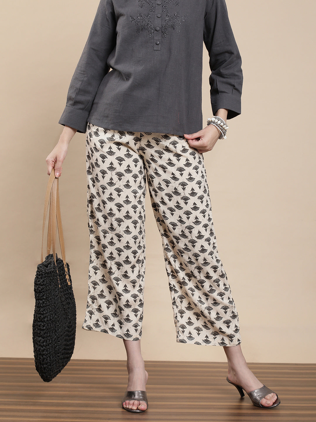 De Moza Women's Festive Palazzo Offwhite