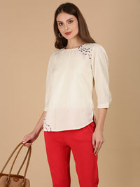 De Moza Women Woven Rayon Regular Fit Top Natural