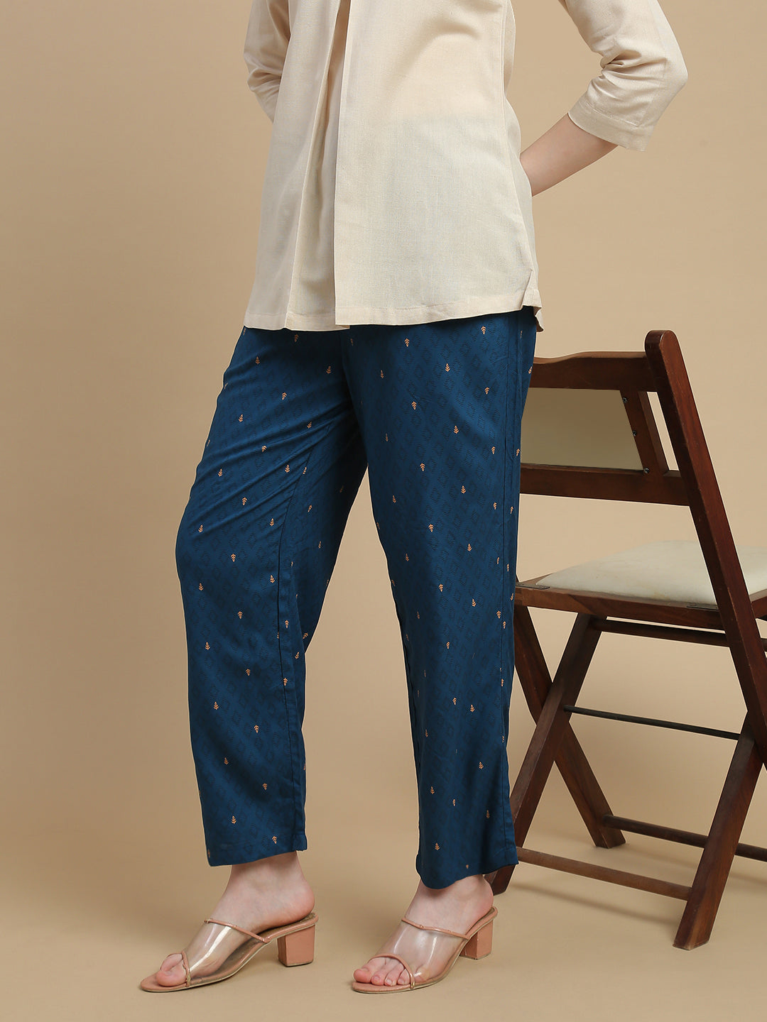 De Moza Women Woven Rayon Straight Fit Printed Straight Pant with Functional Pockets Teal Blue - De Moza