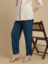 De Moza Women Woven Rayon Straight Fit Printed Straight Pant with Functional Pockets Teal Blue - De Moza