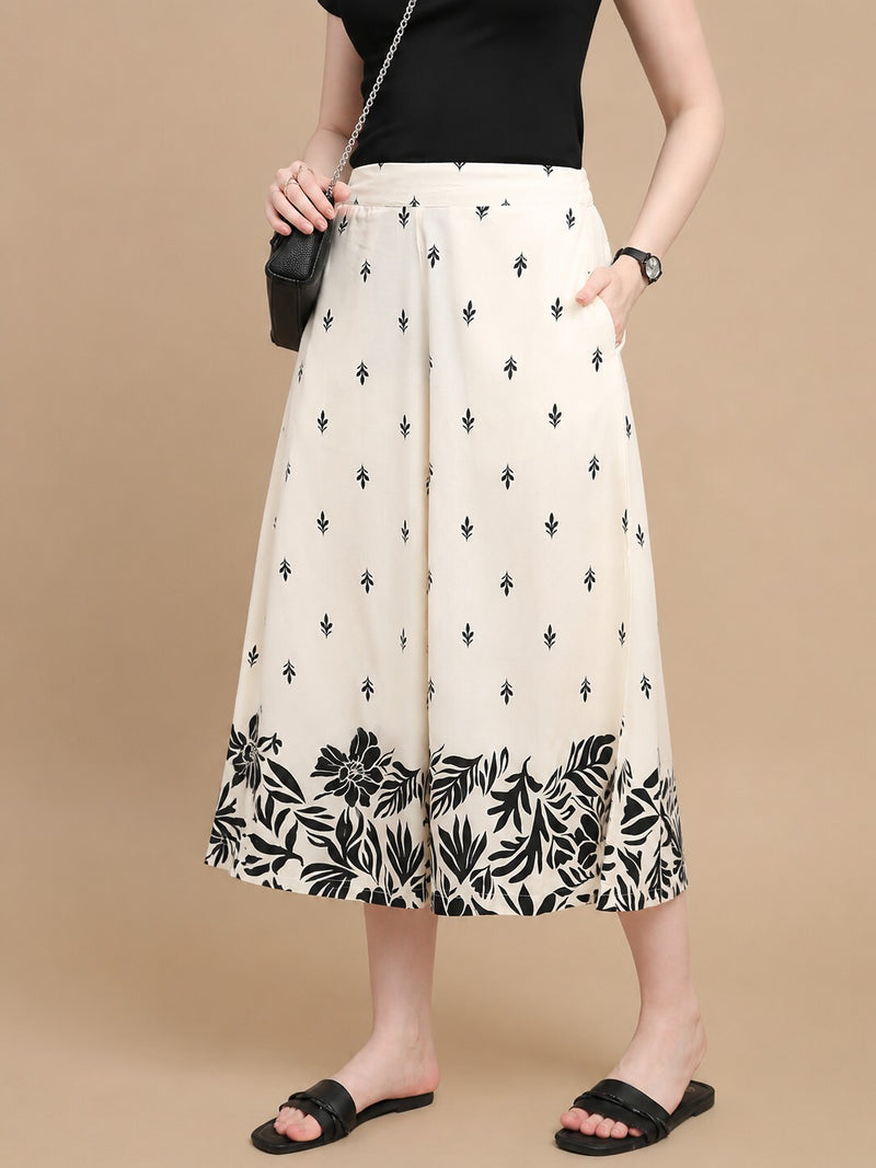 De Moza Women Woven Rayon Loose Fit Printed Culottes with Functional Pockets Cream - De Moza